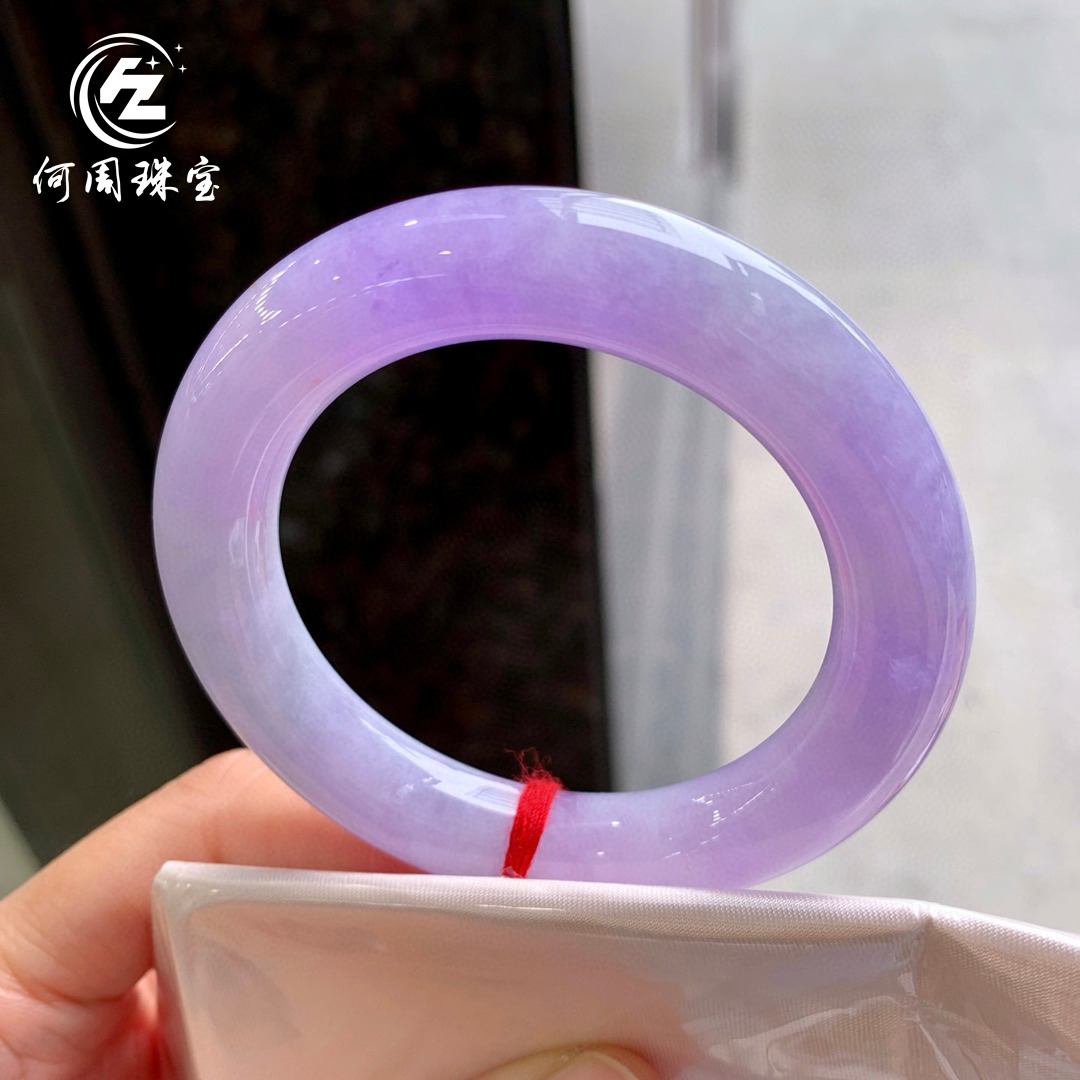 何周珠宝 缅甸天然A货玉石翡翠 老坑冰种紫罗兰圆条手镯52-53圈口