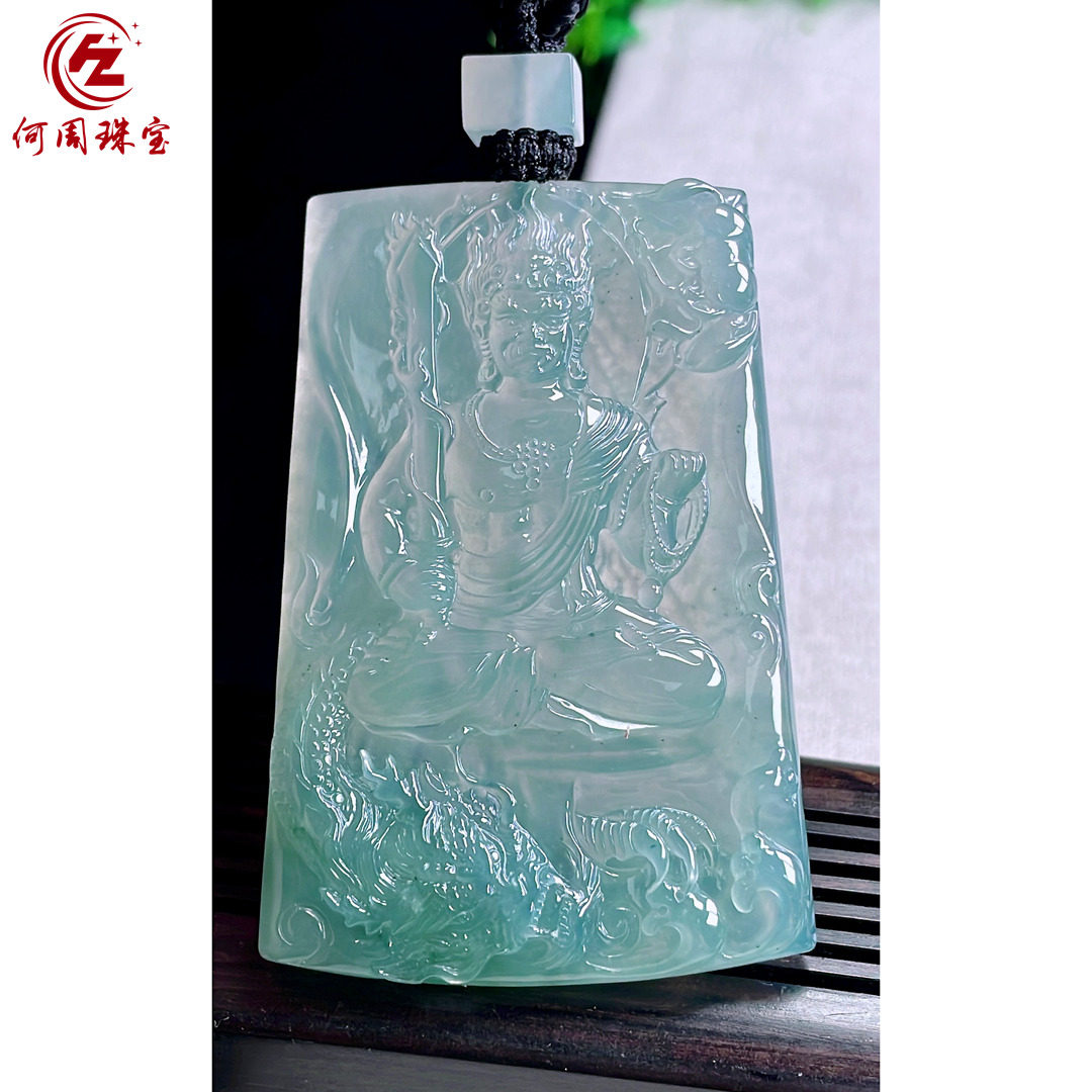 何周珠宝 缅甸天然A货翡翠玉石孤品 老坑冰种天空蓝不动明王吊坠