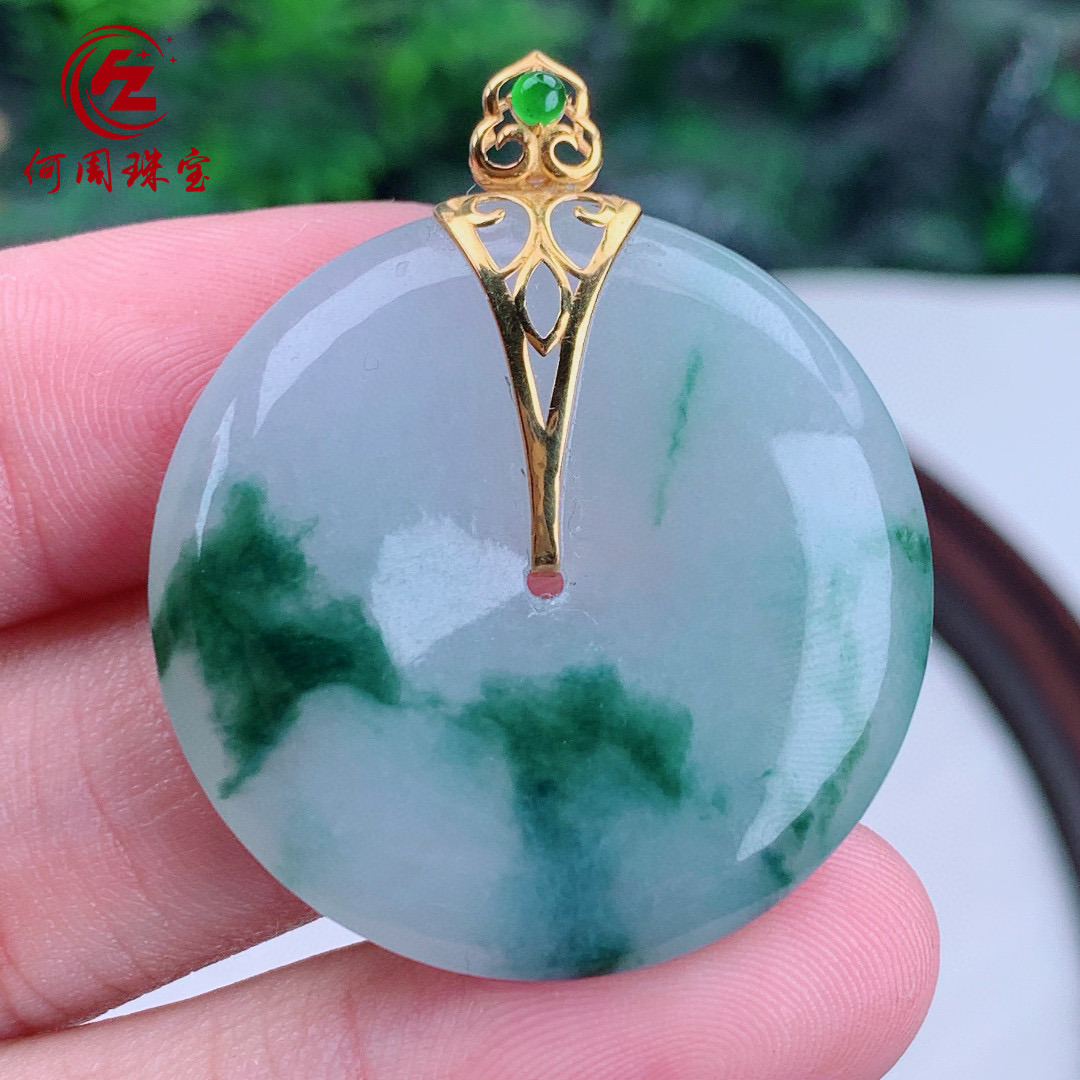 何周珠宝 缅甸天然A货玉石翡翠 18k金镶嵌老坑冰种飘花平安扣吊坠