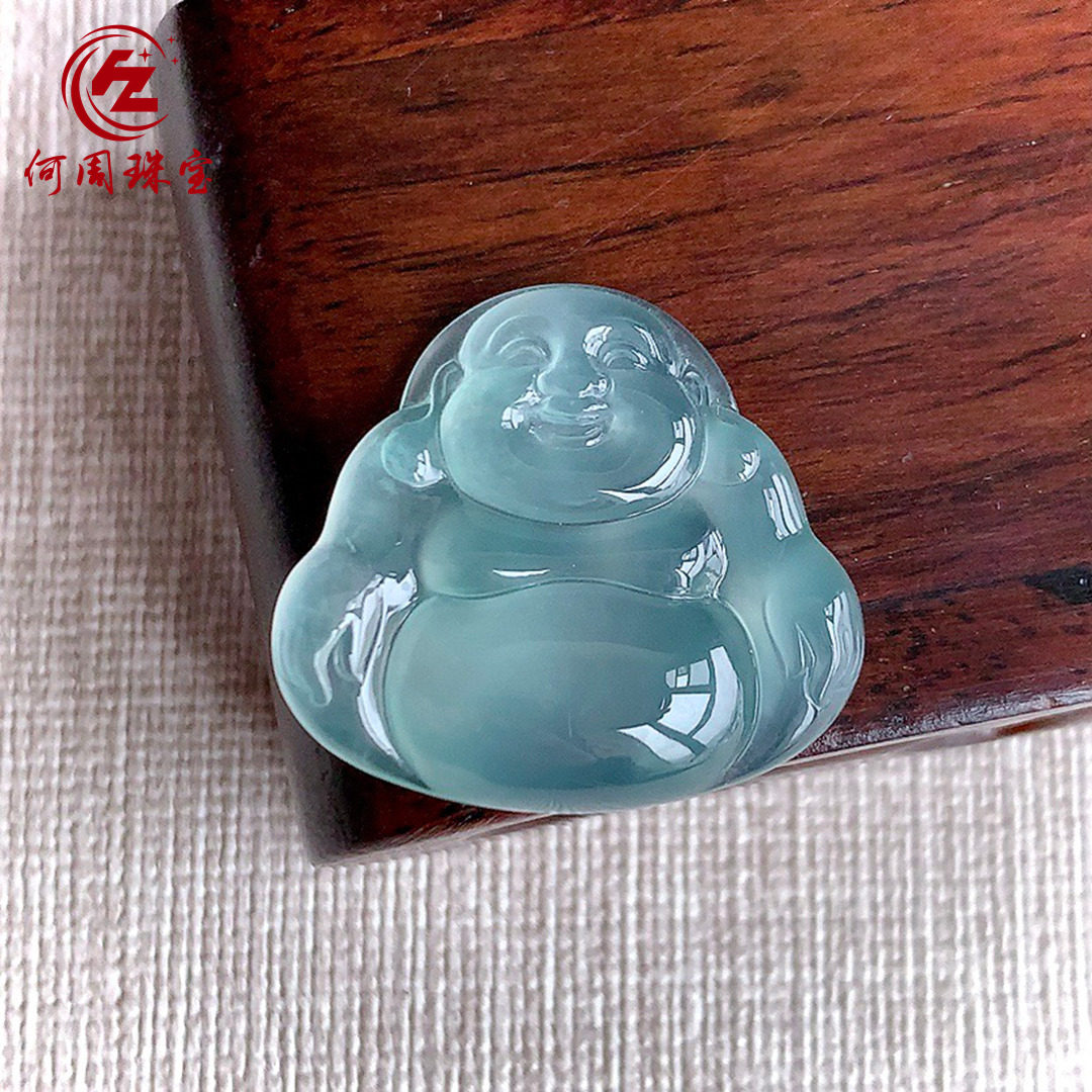 何周珠宝 缅甸天然A货玉石翡翠 老坑高冰种天空蓝佛公吊坠