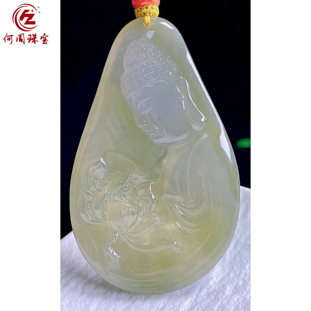 何周珠宝 缅甸天然A货翡翠玉石孤品 老坑冰种黄翡阿弥陀佛吊坠