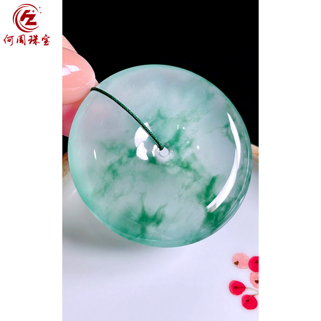 何周珠宝 缅甸天然A货翡翠玉石孤品 老坑高冰种飘花平安扣吊坠