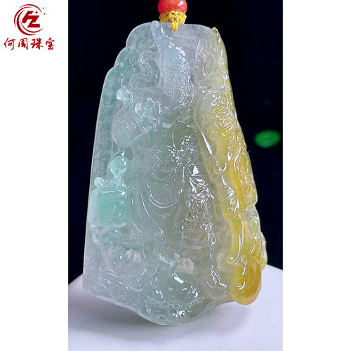 何周珠宝 缅甸天然A货翡翠玉石孤品 精雕老坑冰种黄加绿关公吊坠
