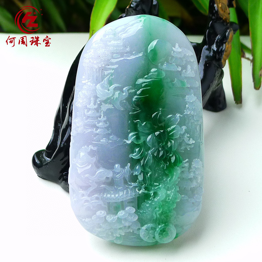 何周珠宝 缅甸天然A货玉石翡翠孤品 精雕老坑冰种飘绿山水牌吊坠