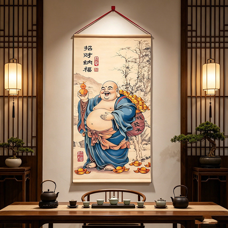 大肚弥勒佛钱袋子招财纳福挂画笑面佛客厅玄关茶室禅意装饰现代画