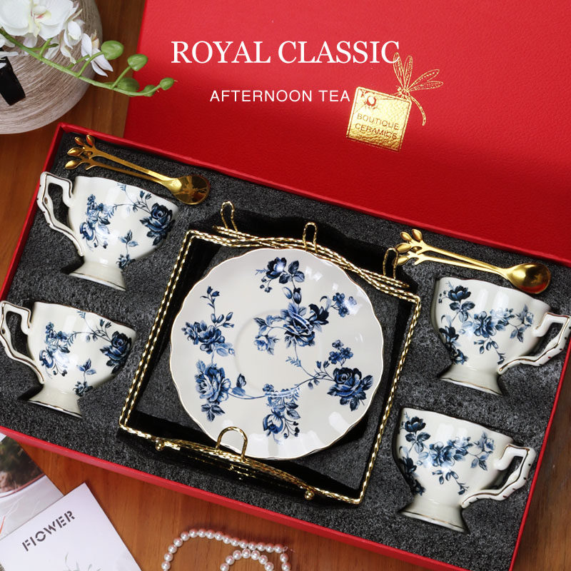 青花法式复古陶瓷咖啡杯子杯碟套装高档精致欧式下午茶茶具礼盒装