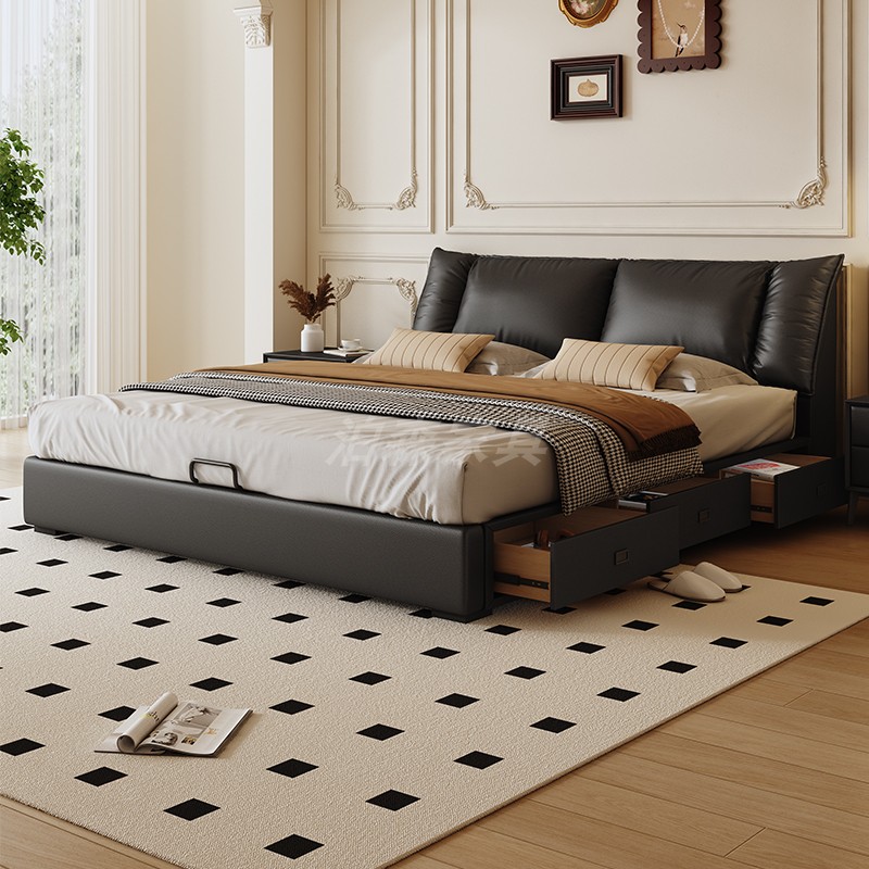 真皮床头层牛皮齐边储物双人床