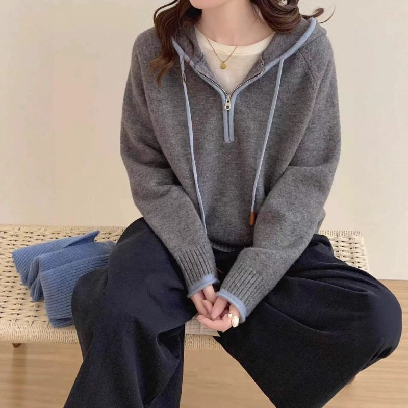 韩系学院风半拉链连帽毛衣女秋冬季可外穿内搭慵懒宽松打底针织衫