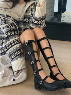 韩国东大门细皮带扣夏季 镂空长筒靴子2023年新款 方跟小众罗马凉靴