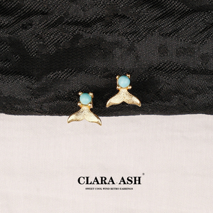 ClaraAsh 原创925银小金鱼尾迷你绿松石耳钉女个性叠戴民族风耳饰