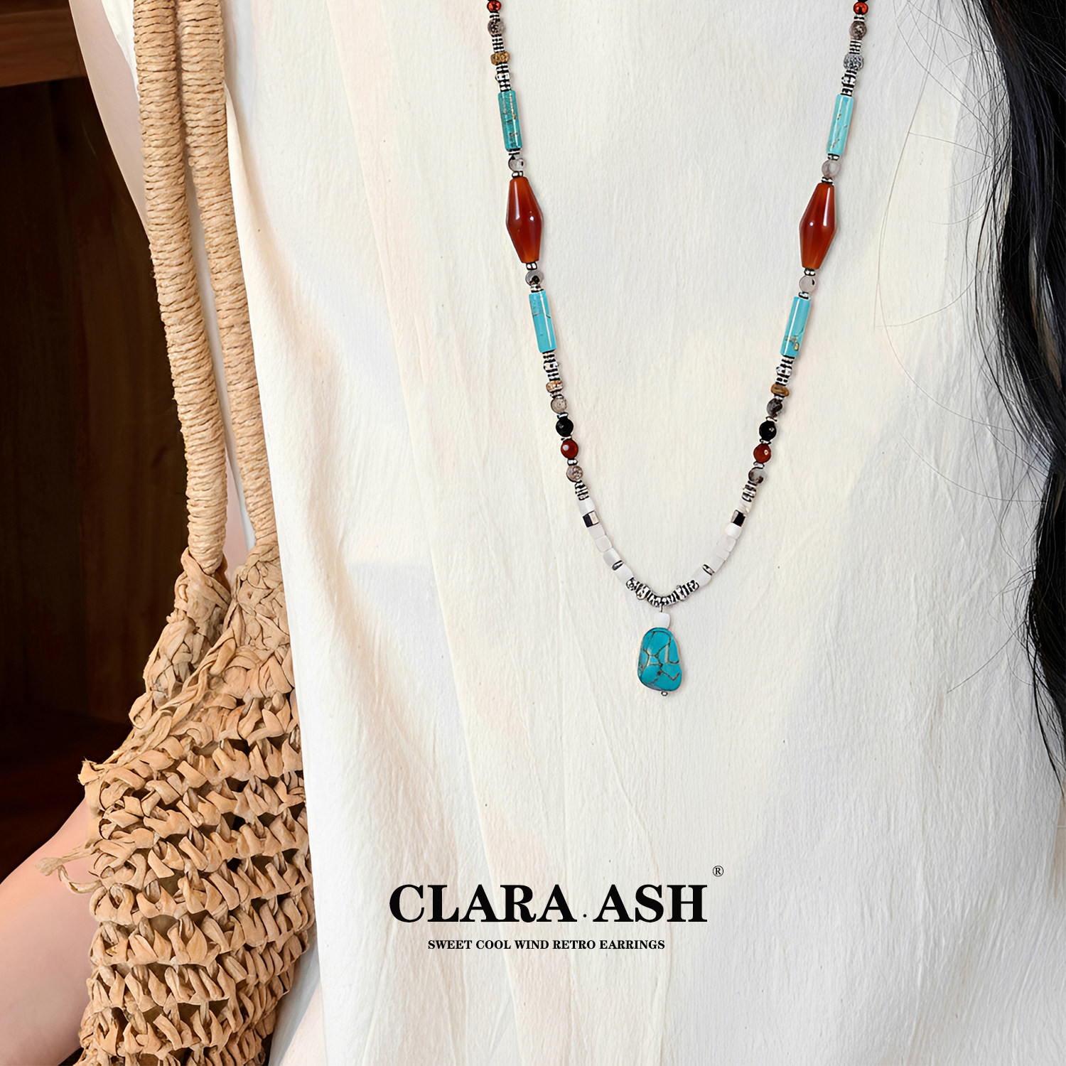 ClaraAsh 原创复古红玛瑙绿松石贝壳项链女藏式民族风长款毛衣链