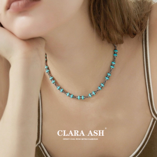 ClaraAsh 原创蓝绿松石拼胆石项链女藏式民族风高级感情侣锁骨链