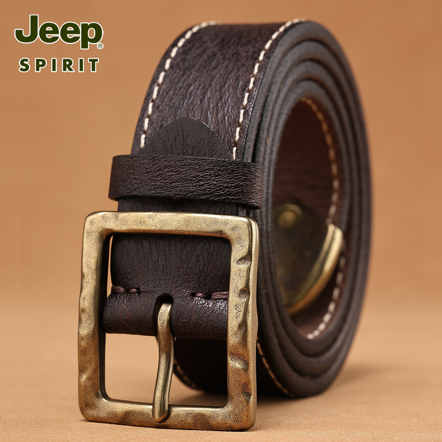 JEEP吉普纯手工牛皮皮带真皮美式简约粗线装饰软面牛仔裤腰带男款