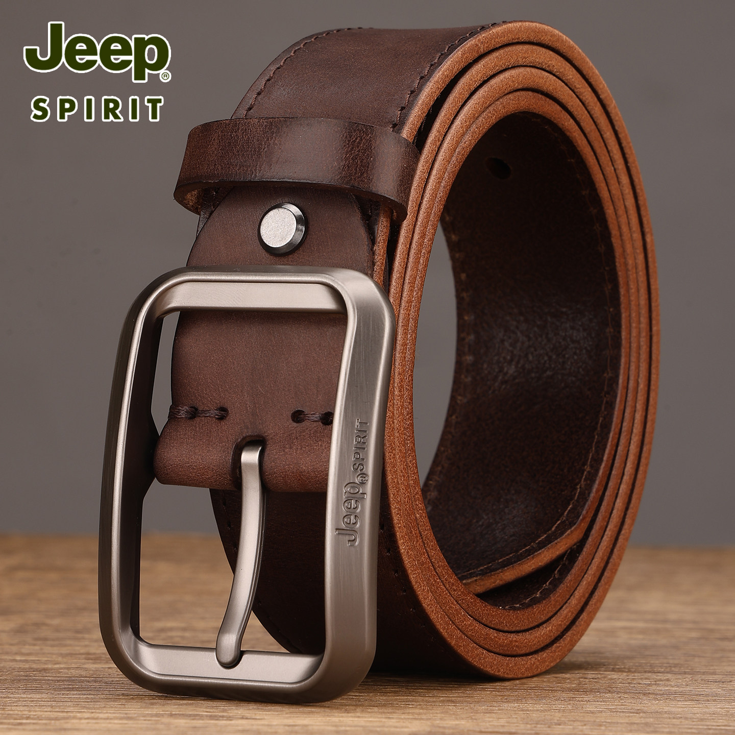 Jeep吉普男士真皮腰带复古风银扣头层牛皮裤带简约百搭手工皮带男