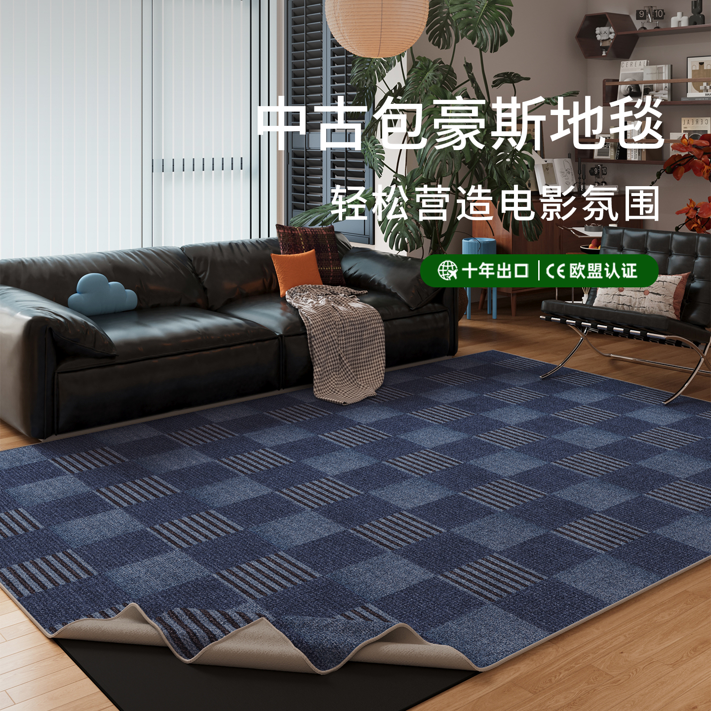 蓝色可拆洗客厅地毯久洗不缩水