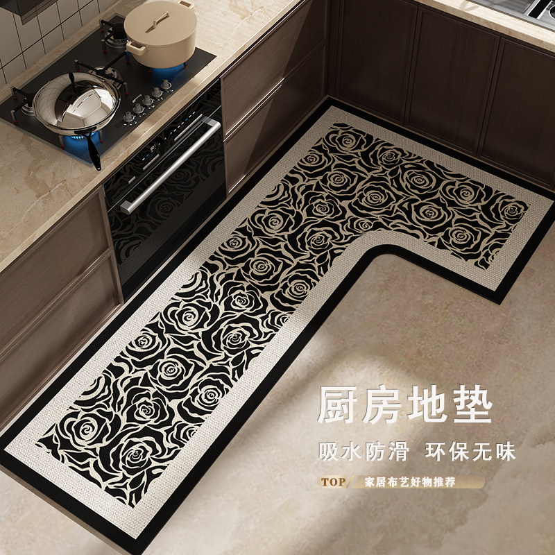 7字型厨房地垫防滑防油可擦免洗L型硅藻泥吸水速干转角边地毯耐脏
