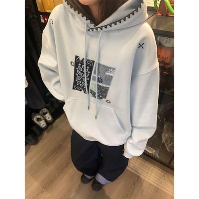 美式复古国潮牌刺绣连帽卫衣
