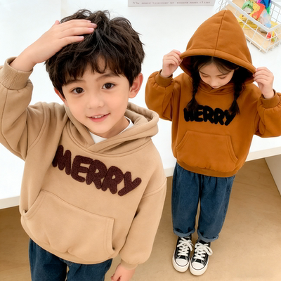 男童女童加绒加厚卫衣冬季新款儿童一体保暖连帽衫中小童洋气上衣
