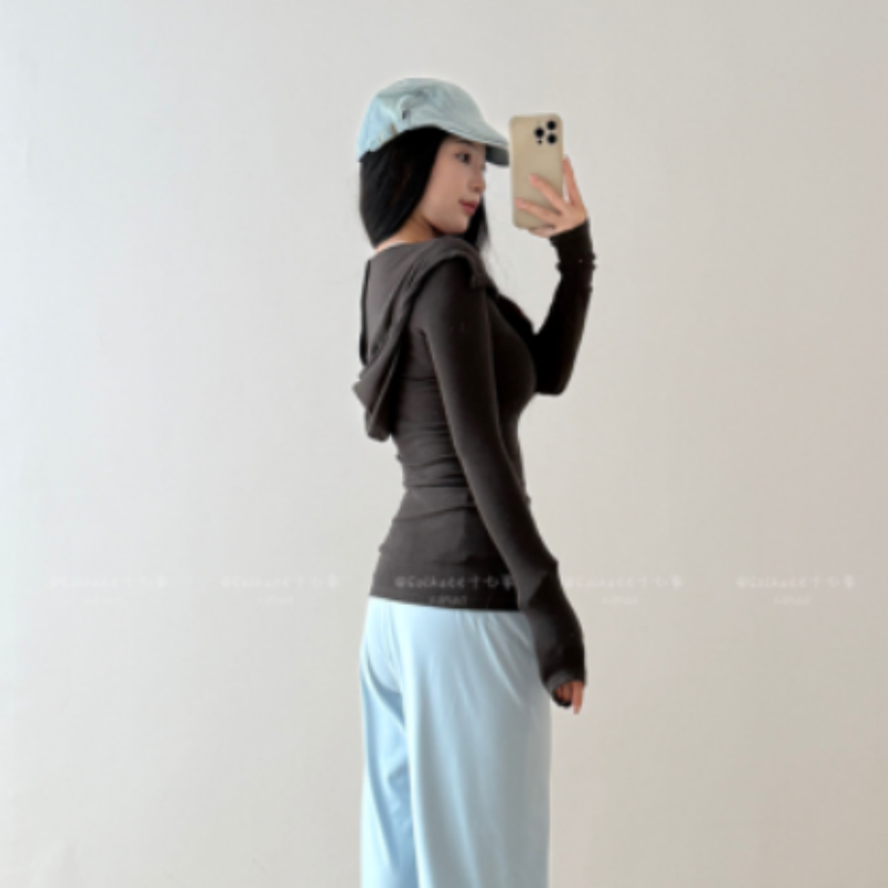 咖色连帽T恤女秋冬季内搭小个子气质修身显瘦紧身长袖打底衫上衣