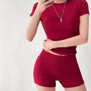 套装 弹力紧身显瘦阔腿热裤 潮 T恤女夏季 闭眼入圆领收腰短袖
