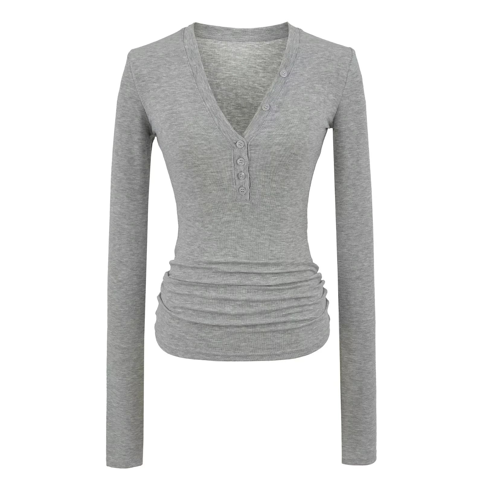 美式基础款v领纽扣长袖t恤女秋季内搭打底衫显瘦休闲修身罩衫上衣