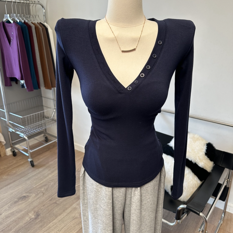 2025女秋季新款修身显瘦时尚洋气百搭扣子V领长袖T恤打底衫上衣女