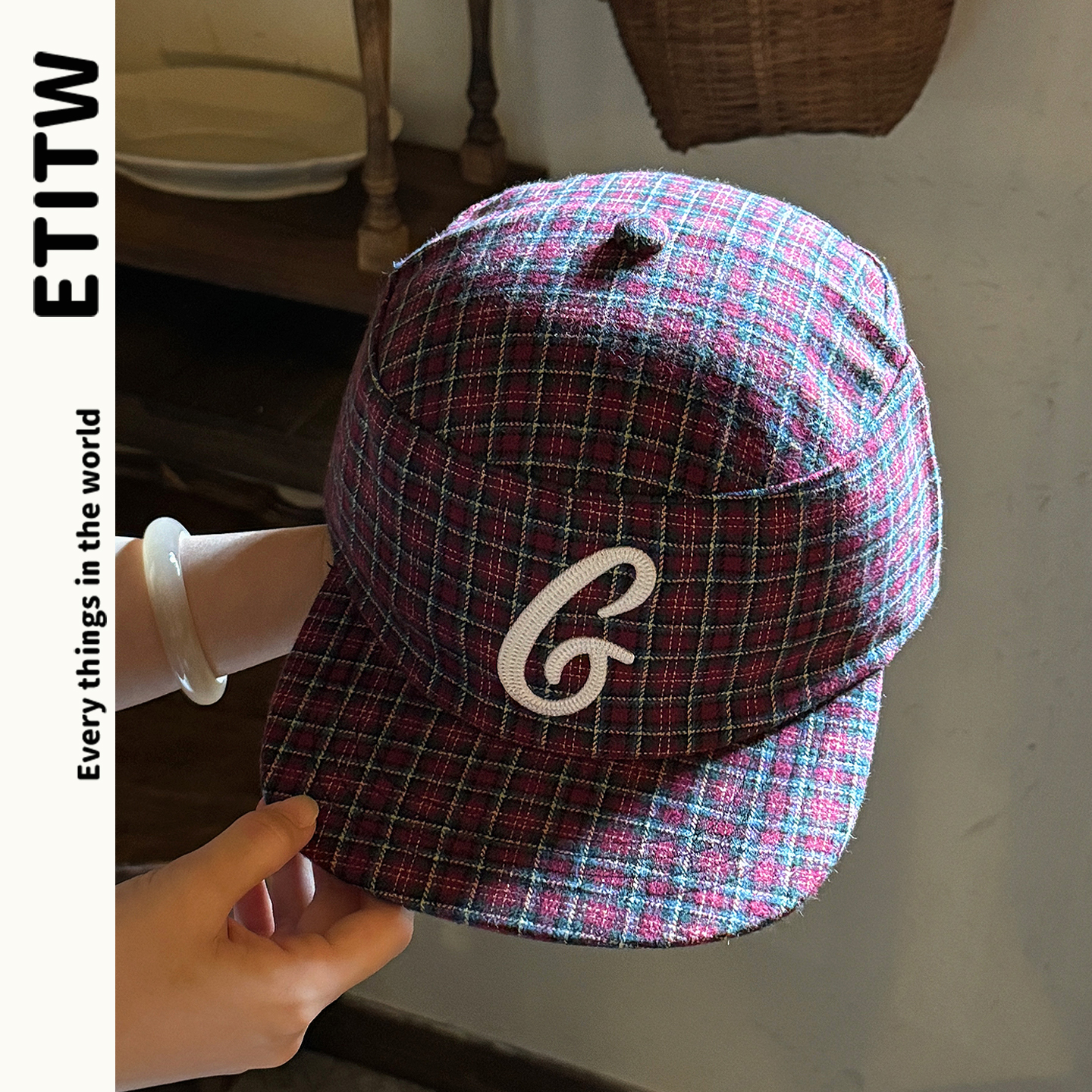 ETITW美式复古大头围显脸小格子棒球帽男女休闲街头潮流鸭舌帽子