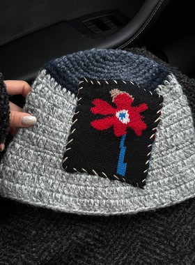 ETITW大头围手工编织毛线渔夫帽女韩国小众百搭情侣针织水桶盆帽