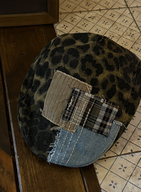 ETITW美式复古甜酷辣妹前进帽千禧贴布豹纹个性报童帽女做旧帽子