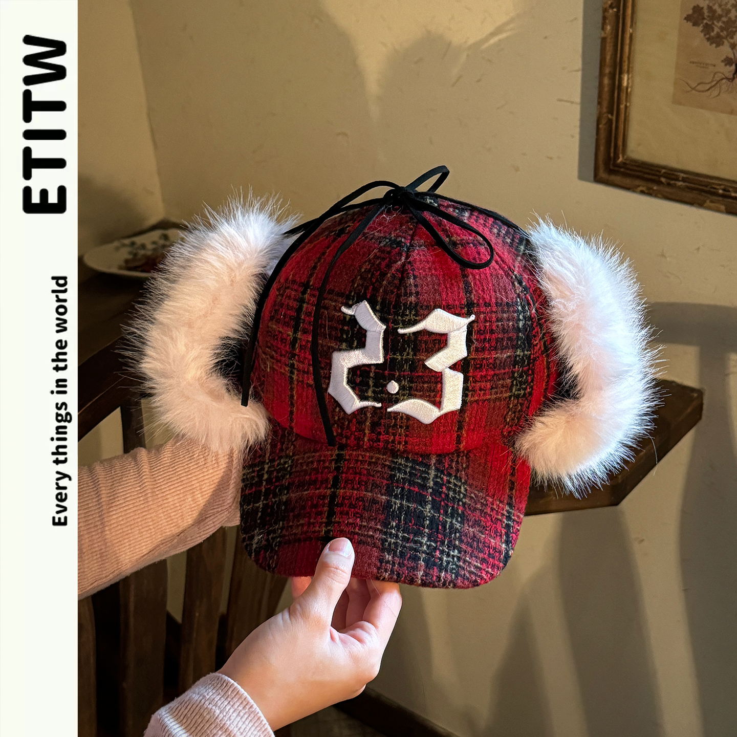 ETITW/复古韩式潮流废土风鸭舌帽飞行帽毛绒雷锋帽大头围护耳帽