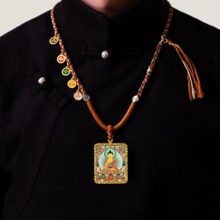 手绘描金药师佛..黄财.藏式唐卡彩绘祥云嘎乌盒五台五爷挂坠正品