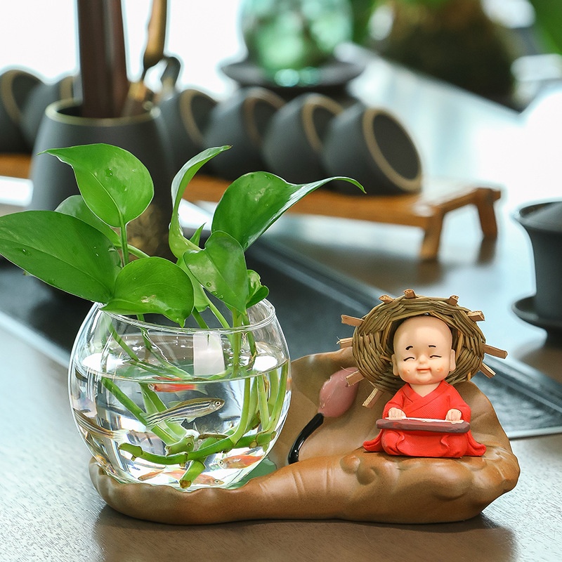 新款草帽和尚绿萝水养植物花瓶办公室桌面摆件客厅插花器玻璃鱼缸