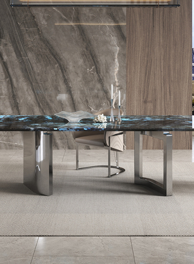 意式极简芬迪fend蓝翡翠奢石长方形餐桌高端定制现代简约家用饭桌