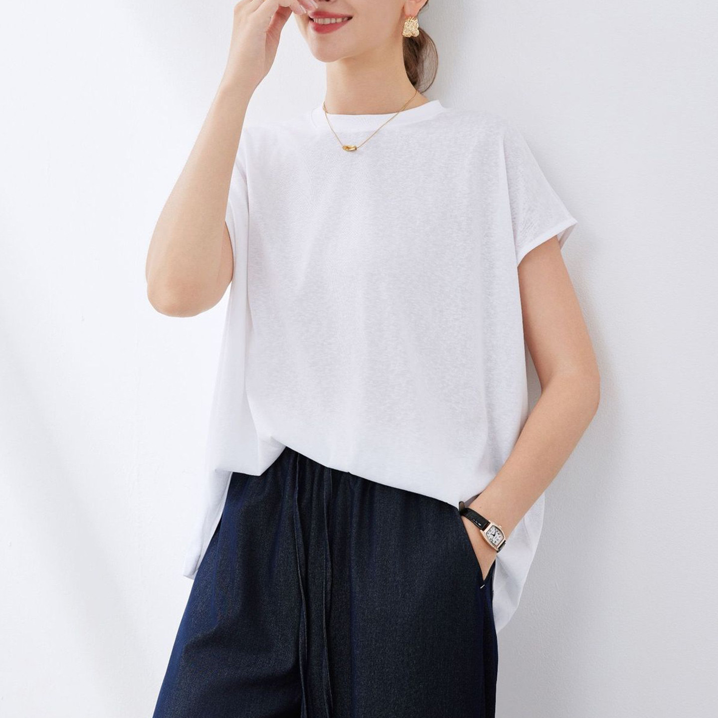 简约休闲廓形一体袖时尚个性背心 舒适天丝雪花棉宽松飞袖短袖T恤