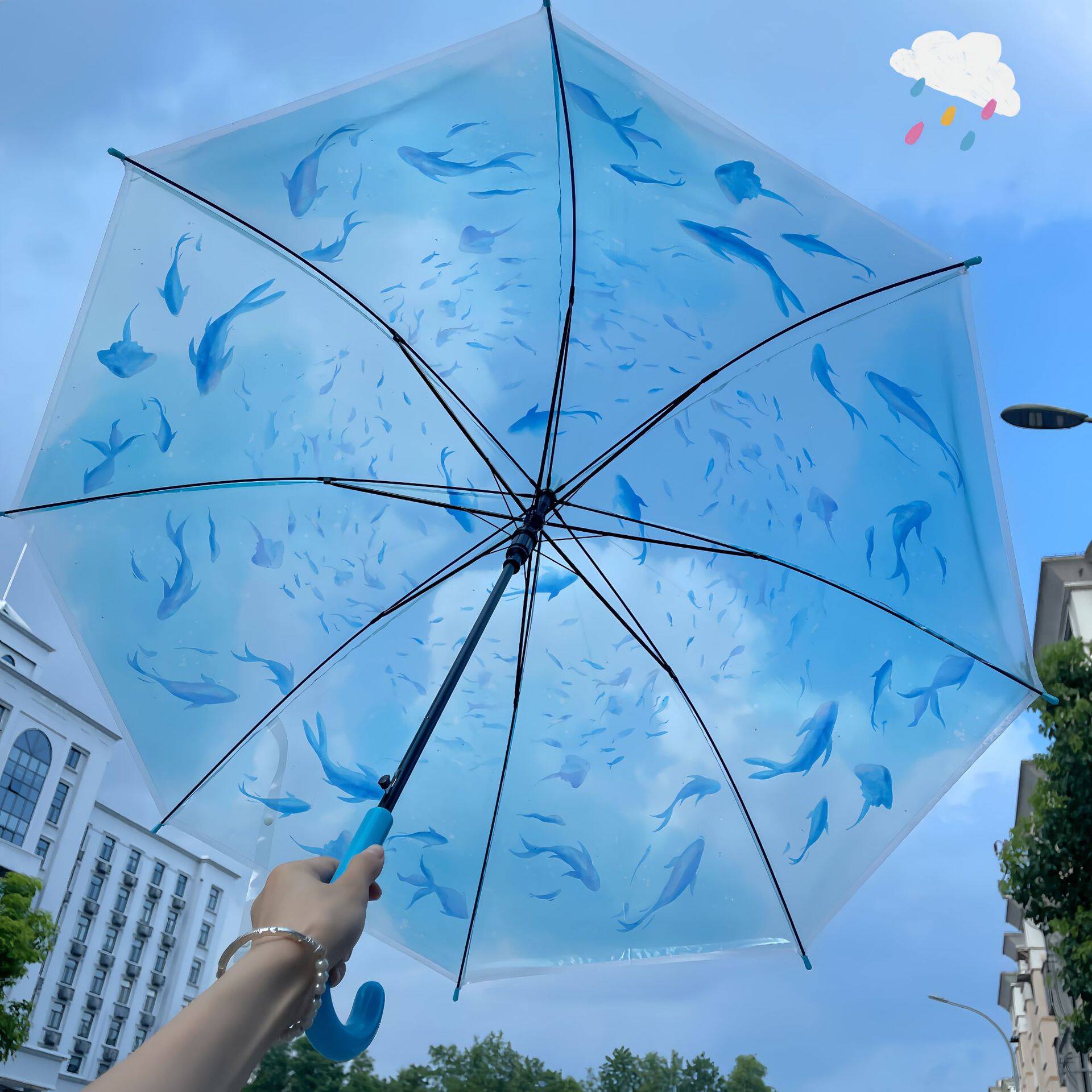 水族馆联名透明水母伞高颜值长柄雨伞海洋世界拍照氛围感女折叠