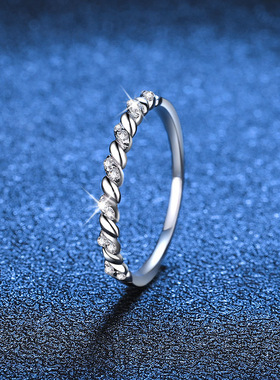 s925银镀18金戒指转运纽纹莫桑钻戒指满钻排戒订婚莫桑石排钻指环