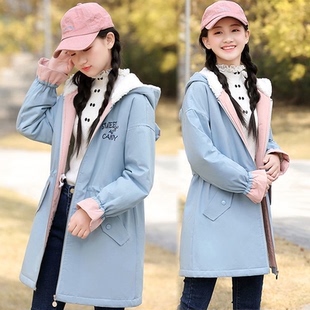 加绒外套中长款少女中学生冬装加厚保暖棉衣初中生青可爱风衣连帽