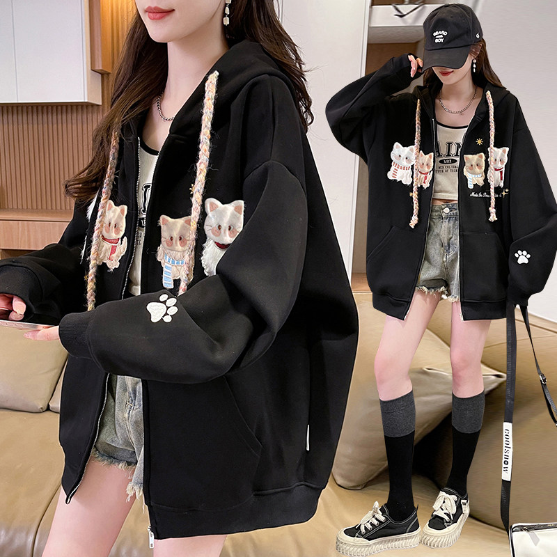 美式复古卡通刺绣连帽棒球服外套春秋新款初高中学生宽松休闲夹克