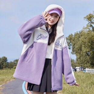 初中生仿羊羔毛外套秋冬款2025新款少女宽松洋气保暖连帽高中学生