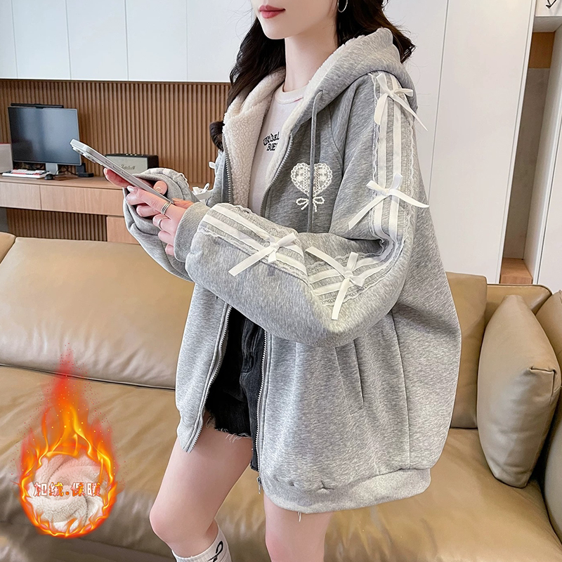 加绒加厚甜美学院风蕾丝爱心蝴蝶结连帽外套新款宽松学生时尚棉衣