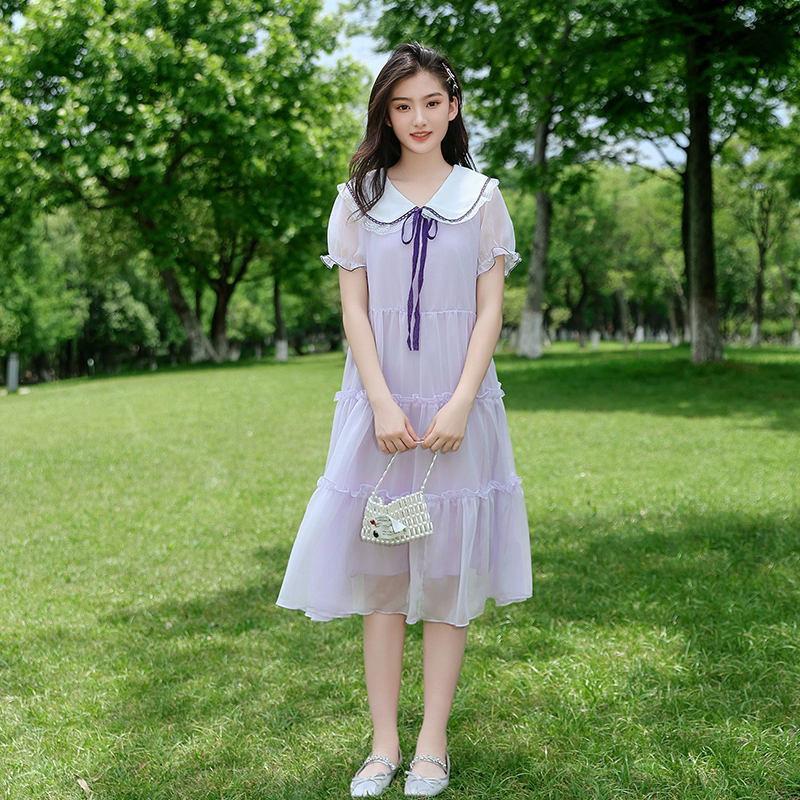 甜美复古波点连衣裙少女夏装2026新款初高中学生系腰带显瘦公主裙
