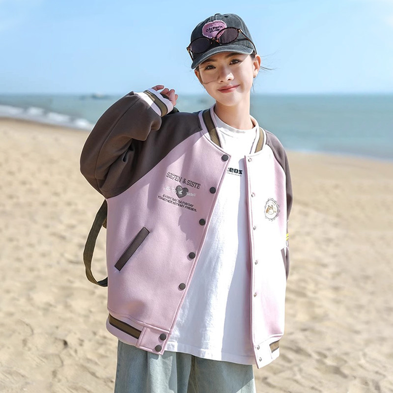 美式棒球服外套春秋款大童2025新款洋气时髦刺绣上衣秋装宽松衣服