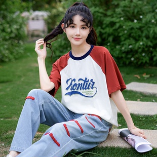 初中女生短袖T恤夏季高中学生显瘦夏装上衣宽松少女大童拼接撞色