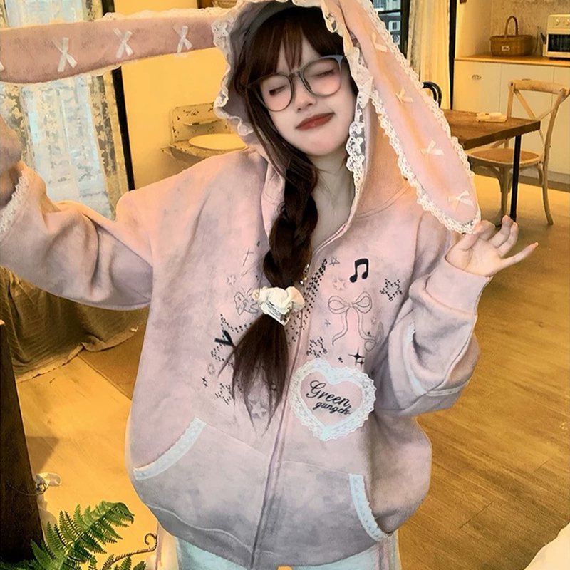 学院风蕾丝爱心蝴蝶结兔耳连帽卫衣女春秋季宽松显瘦开衫休闲外套