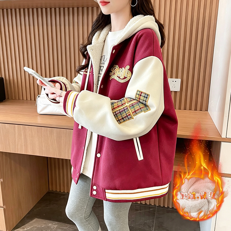 美式拼接棒球服外套女秋冬季2026新款宽松复古休闲加绒加厚棉服