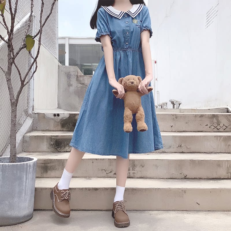 女大童连衣裙夏季高级牛仔裙初中生13岁偏胖少女孩森系学院风裙子