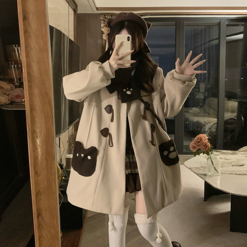 牛角扣大衣女2025秋冬季新款日系可爱学院风拼接撞色宽松毛呢外套,女装/女士精品,毛呢外套,淘宝优惠券,粉丝福利购,淘宝优惠卷