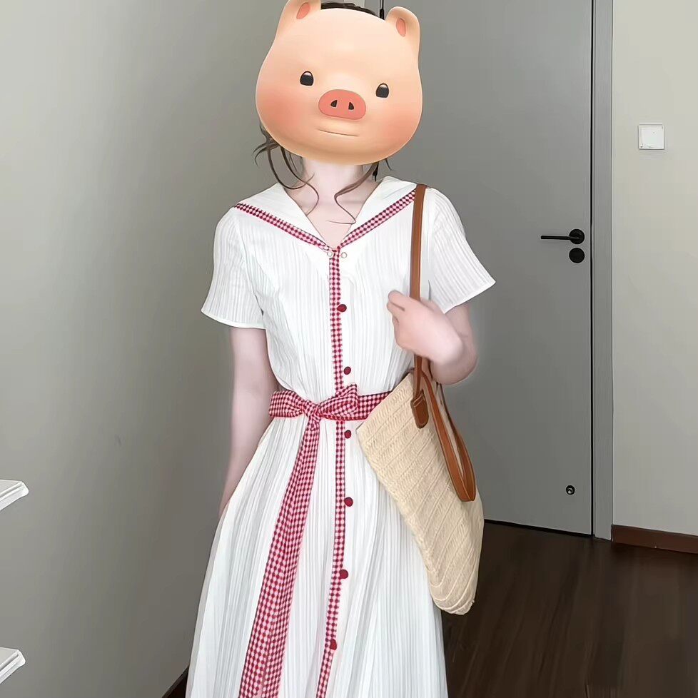法式复古时尚海军领连衣裙女2026新款小个子格纹短袖收腰气质长裙
