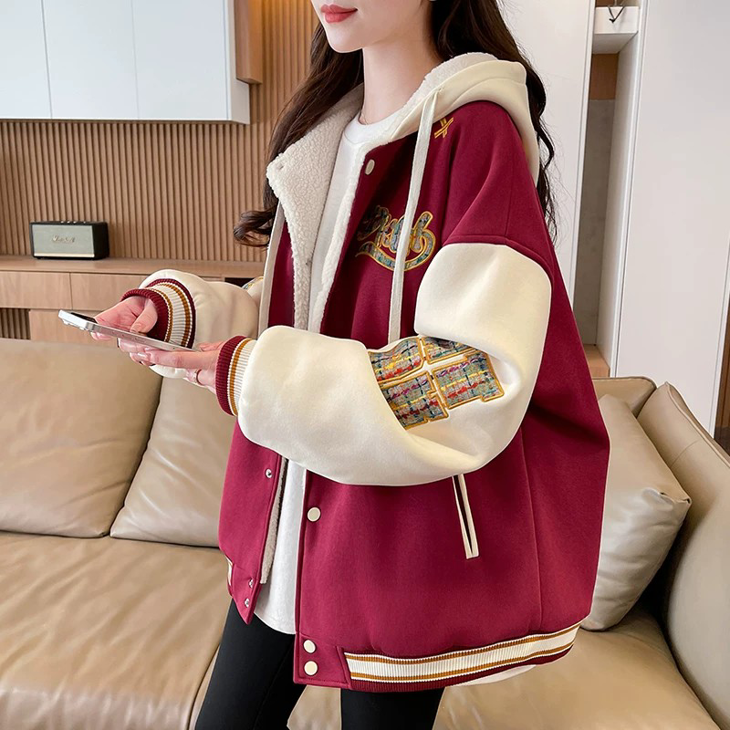 美式撞色棒球服外套女2026新款秋冬加绒加厚棉服学生连帽刺绣棉衣