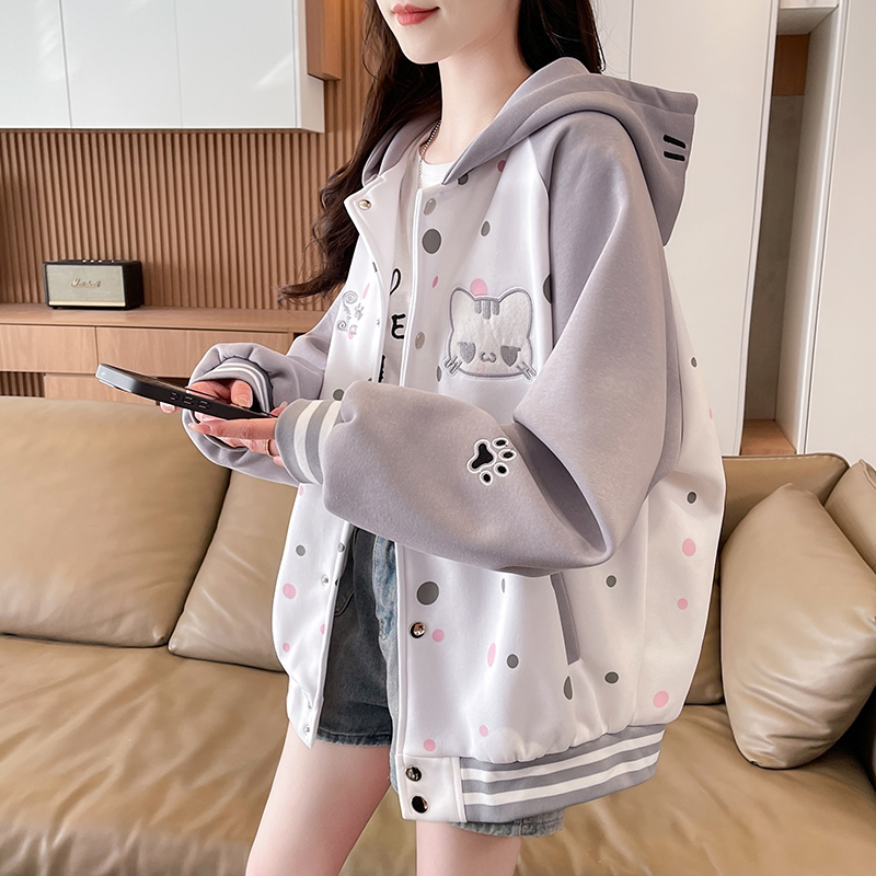 少女学院风刺绣拼色连帽外套春秋季新款初高中学生百搭洋气棒球服